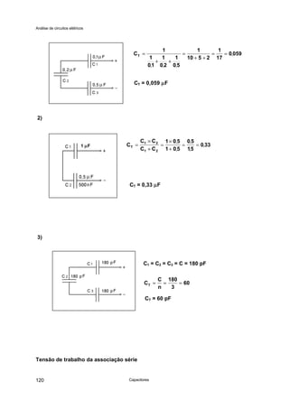 Análise de circuitos elétricos
Capacitores120
CT = 0,059 µµF
2)
CT = 0,33 µµF
3)
C1 = C2 = C3 = C = 180 pF
CT = 60 pF
Tensão de trabalho da associação série
CT =
+ +
=
+ +
= =
1
1
01
1
0 2
1
0 5
1
10 5 2
1
17
0 059
, , ,
,
1 µµF C
C C
C CT =
×
+
=
×
+
= =1 2
1 2
1 0 5
1 0 5
0 5
15
0 33
,
,
,
,
,
C
C
nT = = =
180
3
60
 