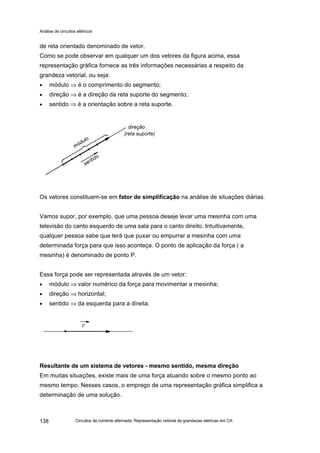 Análise de circuitos elétricos
Circuitos de corrente alternada: Representação vetorial de grandezas elétricas em CA138
de reta orientado denominado de vetor.
Como se pode observar em qualquer um dos vetores da figura acima, essa
representação gráfica fornece as três informações necessárias a respeito da
grandeza vetorial, ou seja:
• módulo ⇒ é o comprimento do segmento;
• direção ⇒ é a direção da reta suporte do segmento;
• sentido ⇒ é a orientação sobre a reta suporte.
Os vetores constituem-se em fator de simplificação na análise de situações diárias.
Vamos supor, por exemplo, que uma pessoa deseje levar uma mesinha com uma
televisão do canto esquerdo de uma sala para o canto direito. Intuitivamente,
qualquer pessoa sabe que terá que puxar ou empurrar a mesinha com uma
determinada força para que isso aconteça. O ponto de aplicação da força ( a
mesinha) é denominado de ponto P.
Essa força pode ser representada através de um vetor:
• módulo ⇒ valor numérico da força para movimentar a mesinha;
• direção ⇒ horizontal;
• sentido ⇒ da esquerda para a direita.
Resultante de um sistema de vetores - mesmo sentido, mesma direção
Em muitas situações, existe mais de uma força atuando sobre o mesmo ponto ao
mesmo tempo. Nesses casos, o emprego de uma representação gráfica simplifica a
determinação de uma solução.
 