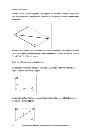 Análise de circuitos elétricos
Circuitos de corrente alternada: Representação vetorial de grandezas elétricas em CA144
Forma-se assim um paralelogramo cuja diagonal é a resultante. Medindo a resultante
com a mesma escala usada para os vetores que a compõem, obtém-se o módulo da
resultante.
A direção e o sentido ficam estabelecidos automaticamente no traçado gráfico. Neste
caso, calcula-se matematicamente o vetor resultante conforme a seguinte fórmula:
FR
2
= F1
2
+ F2
2
+ 2 . F1 . F2 . cos ϕ.
Onde ϕ é o ângulo entre as duas forças.
Um caso particular desta situação, é quando há um ângulo de 90
o
(reto) entre as
forças. Observe o exemplo a seguir.
A resolução gráfica mostra que o paralelogramo formado é um retângulo onde a
resultante é uma diagonal.
 