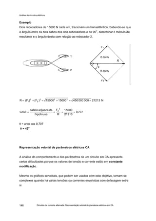 Análise de circuitos elétricos
Circuitos de corrente alternada: Representação vetorial de grandezas elétricas em CA146
Exemplo
Dois rebocadores de 15000 N cada um, tracionam um transatlântico. Sabendo-se que
o ângulo entre os dois cabos dos dois rebocadores é de 90o
, determinar o módulo da
resultante e o ângulo desta com relação ao rebocador 2.
θ = arco cos 0,707
θθ = 45o
Representação vetorial de parâmetros elétricos CA
A análise do comportamento e dos parâmetros de um circuito em CA apresenta
certas dificuldades porque os valores de tensão e corrente estão em constante
modificação.
Mesmo os gráficos senoidais, que podem ser usados com este objetivo, tornam-se
complexos quando há várias tensões ou correntes envolvidas com defasagem entre
si.
N212130000004501500015000)(F)(FR 222
2
2
1 ==+=+=
707,0
21213
15000
R
F
hipotnusa
adjascestecateto
Cos
2
2
====θ
1
2
R
 