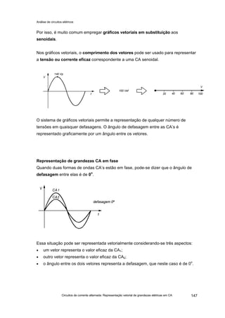 Análise de circuitos elétricos
Circuitos de corrente alternada: Representação vetorial de grandezas elétricas em CA 147
Por isso, é muito comum empregar gráficos vetoriais em substituição aos
senoidais.
Nos gráficos vetoriais, o comprimento dos vetores pode ser usado para representar
a tensão ou corrente eficaz correspondente a uma CA senoidal.
O sistema de gráficos vetoriais permite a representação de qualquer número de
tensões em quaisquer defasagens. O ângulo de defasagem entre as CA’s é
representado graficamente por um ângulo entre os vetores.
Representação de grandezas CA em fase
Quando duas formas de ondas CA’s estão em fase, pode-se dizer que o ângulo de
defasagem entre elas é de 0o
.
Essa situação pode ser representada vetorialmente considerando-se três aspectos:
• um vetor representa o valor eficaz da CA1;
• outro vetor representa o valor eficaz da CA2;
• o ângulo entre os dois vetores representa a defasagem, que neste caso é de 0o
.
 