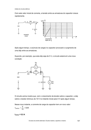 Análise de circuitos elétricos
Circuitos de corrente alternada: Circuitos resistivo, capacitivo e indutivo 157
Com este valor inicial de corrente, a tensão entre as armaduras do capacitor cresce
rapidamente.
Após algum tempo, o acúmulo de cargas no capacitor provocará o surgimento de
uma ddp entre as armaduras.
Supondo, por exemplo, que esta ddp seja de 5 V, o circuito estará em uma nova
condição:
O circuito acima mostra que, com o crescimento da tensão sobre o capacitor, a ddp
sobre o resistor diminuiu de 10 V no instante inicial para 5 V após algum tempo.
Nesse novo instante, a corrente de carga do capacitor tem um novo valor:
ICARGA = 0,5 A
A5,0
10
5
ICARGA ==
 