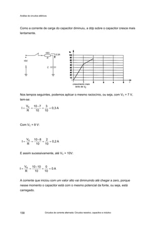 Análise de circuitos elétricos
Circuitos de corrente alternada: Circuitos resistivo, capacitivo e indutivo158
Como a corrente de carga do capacitor diminuiu, a ddp sobre o capacitor cresce mais
lentamente.
Nos tempos seguintes, podemos aplicar o mesmo raciocínio, ou seja, com VC = 7 V,
tem-se:
Com VC = 8 V:
E assim sucessivamente, até VC = 10V:
A corrente que iniciou com um valor alto vai diminuindo até chegar a zero, porque
nesse momento o capacitor está com o mesmo potencial da fonte, ou seja, está
carregado.
A0,3
10
3
10
7-10
R
V
I R
====
A0,2
10
2
10
8-10
R
V
I R
====
A0
10
0
10
10-10
R
V
I R
====
 