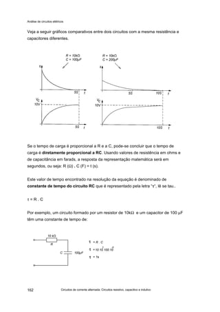 Análise de circuitos elétricos
Circuitos de corrente alternada: Circuitos resistivo, capacitivo e indutivo162
Veja a seguir gráficos comparativos entre dois circuitos com a mesma resistência e
capacitores diferentes.
Se o tempo de carga é proporcional a R e a C, pode-se concluir que o tempo de
carga é diretamente proporcional a RC. Usando valores de resistência em ohms e
de capacitância em farads, a resposta da representação matemática será em
segundos, ou seja: R (Ω) . C (F) = t (s).
Este valor de tempo encontrado na resolução da equação é denominado de
constante de tempo do circuito RC que é representado pela letra “ττ“, lê se tau..
τ = R . C
Por exemplo, um circuito formado por um resistor de 10kΩ e um capacitor de 100 µF
têm uma constante de tempo de:
ττ
ττ
ττ
 