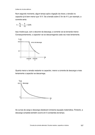 Análise de circuitos elétricos
Circuitos de corrente alternada: Circuitos resistivo, capacitivo e indutivo 167
Num segundo momento, algum tempo após a ligação da chave, a tensão no
capacitor já é bem menor que 10 V. Se a tensão sobre C for de 4 V, por exemplo, a
corrente seria:
Isso mostra que, com o decorrer da descarga, a corrente vai se tornando menor.
Consequentemente, o capacitor vai se descarregando cada vez mais lentamente.
Quanto menor a tensão restante no capacitor, menor a corrente de descarga e mais
lentamente o capacitor se descarrega.
As curvas de carga e descarga obedecem àmesma equação matemática. Portanto, a
descarga completa também ocorre em 5 constantes de tempo.
A4,0
10
4
R
V
I R
===
 