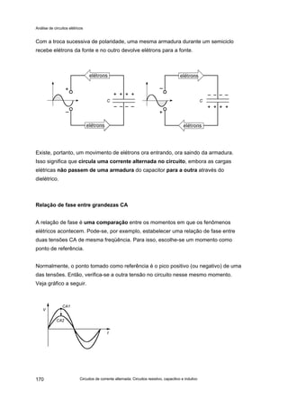 Análise de circuitos elétricos
Circuitos de corrente alternada: Circuitos resistivo, capacitivo e indutivo170
Com a troca sucessiva de polaridade, uma mesma armadura durante um semiciclo
recebe elétrons da fonte e no outro devolve elétrons para a fonte.
Existe, portanto, um movimento de elétrons ora entrando, ora saindo da armadura.
Isso significa que circula uma corrente alternada no circuito, embora as cargas
elétricas não passem de uma armadura do capacitor para a outra através do
dielétrico.
Relação de fase entre grandezas CA
A relação de fase é uma comparação entre os momentos em que os fenômenos
elétricos acontecem. Pode-se, por exemplo, estabelecer uma relação de fase entre
duas tensões CA de mesma freqüência. Para isso, escolhe-se um momento como
ponto de referência.
Normalmente, o ponto tomado como referência é o pico positivo (ou negativo) de uma
das tensões. Então, verifica-se a outra tensão no circuito nesse mesmo momento.
Veja gráfico a seguir.
 