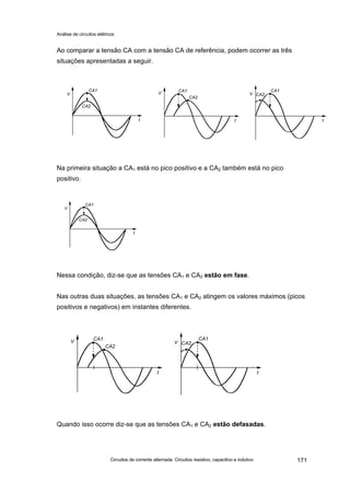 Análise de circuitos elétricos
Circuitos de corrente alternada: Circuitos resistivo, capacitivo e indutivo 171
Ao comparar a tensão CA com a tensão CA de referência, podem ocorrer as três
situações apresentadas a seguir.
Na primeira situação a CA1 está no pico positivo e a CA2 também está no pico
positivo.
Nessa condição, diz-se que as tensões CA1 e CA2 estão em fase.
Nas outras duas situações, as tensões CA1 e CA2 atingem os valores máximos (picos
positivos e negativos) em instantes diferentes.
Quando isso ocorre diz-se que as tensões CA1 e CA2 estão defasadas.
 