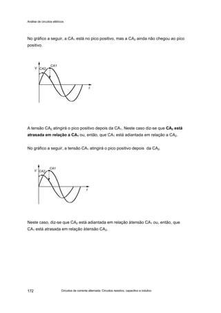 Análise de circuitos elétricos
Circuitos de corrente alternada: Circuitos resistivo, capacitivo e indutivo172
No gráfico a seguir, a CA1 está no pico positivo, mas a CA2 ainda não chegou ao pico
positivo.
A tensão CA2 atingirá o pico positivo depois da CA1. Neste caso diz-se que CA2 está
atrasada em relação a CA1 ou, então, que CA1 está adiantada em relação a CA2.
No gráfico a seguir, a tensão CA1 atingirá o pico positivo depois da CA2.
Neste caso, diz-se que CA2 está adiantada em relação àtensão CA1 ou, então, que
CA1 está atrasada em relação àtensão CA2.
 