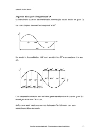 Análise de circuitos elétricos
Circuitos de corrente alternada: Circuitos resistivo, capacitivo e indutivo 173
Ângulo de defasagem entre grandezas CA
O adiantamento ou atraso de uma tensão CA em relação a outra é dado em graus (o
).
Um ciclo completo de uma CA corresponde a 360
o
.
Um semiciclo de uma CA tem 180
o
; meio semiciclo tem 90o
e um quarto de ciclo tem
45o
.
Com base nesta divisão do eixo horizontal, pode-se determinar de quantos graus é a
defasagem entre uma CA e outra.
As figuras a seguir mostram exemplos de tensões CA defasadas com seus
respectivos gráficos senoidais.
 