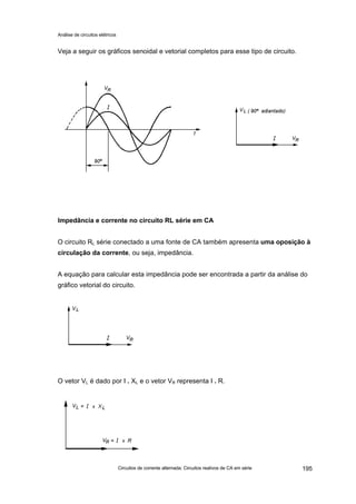 Análise de circuitos elétricos
Circuitos de corrente alternada: Circuitos reativos de CA em série 195
Veja a seguir os gráficos senoidal e vetorial completos para esse tipo de circuito.
Impedância e corrente no circuito RL série em CA
O circuito RL série conectado a uma fonte de CA também apresenta uma oposição à
circulação da corrente, ou seja, impedância.
A equação para calcular esta impedância pode ser encontrada a partir da análise do
gráfico vetorial do circuito.
O vetor VL é dado por I . XL e o vetor VR representa I . R.
 