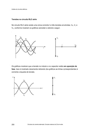 Análise de circuitos elétricos
Circuitos de corrente alternada: Circuitos reativos de CA em série200
Tensões no circuito RLC série
No circuito RLC série existe uma única corrente I e três tensões envolvidas, VR, VL e
VC, conforme mostram os gráficos senoidal e vetorial a seguir.
Os gráficos mostram que a tensão no indutor e no capacitor estão em oposição de
fase. Isso é mostrado claramente retirando dos gráficos as linhas correspondentes à
corrente e àqueda de tensão.
 
