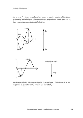 Análise de circuitos elétricos
Circuitos de corrente alternada: Circuitos reativos de CA em série 201
As tensões VL e VC em oposição de fase atuam uma contra a outra, subtraindo-se
(vetores de mesma direção e sentidos opostos). Admitindo-se valores para VL e VC
isso pode ser compreendido mais facilmente.
No exemplo dado, a resultante entre VC e VL corresponde a uma tensão de 60 VP
capacitiva porque a tensão VC é maior que a tensão VL.
 