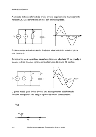 Análise de circuitos elétricos
Circuitos de corrente alternada: Circuitos reativos de CA em paralelo212
A aplicação de tensão alternada ao circuito provoca o aparecimento de uma corrente
no resistor, IR. Essa corrente está em fase com a tensão aplicada.
A mesma tensão aplicada ao resistor é aplicada sobre o capacitor, dando origem a
uma corrente IC.
Considerando que a corrente no capacitor está sempre adiantada 90
o
em relação à
tensão, pode-se desenhar o gráfico senoidal completo do circuito RC paralelo.
O gráfico mostra que o circuito provoca uma defasagem entre as correntes no
resistor e no capacitor. Veja a seguir o gráfico de vetores correspondente.
 