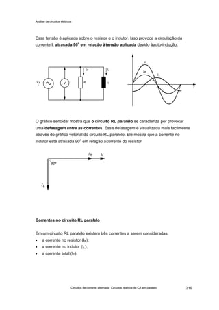 Análise de circuitos elétricos
Circuitos de corrente alternada: Circuitos reativos de CA em paralelo 219
Essa tensão é aplicada sobre o resistor e o indutor. Isso provoca a circulação da
corrente IL atrasada 90o
em relação àtensão aplicada devido àauto-indução.
O gráfico senoidal mostra que o circuito RL paralelo se caracteriza por provocar
uma defasagem entre as correntes. Essa defasagem é visualizada mais facilmente
através do gráfico vetorial do circuito RL paralelo. Ele mostra que a corrente no
indutor está atrasada 90o
em relação àcorrente do resistor.
Correntes no circuito RL paralelo
Em um circuito RL paralelo existem três correntes a serem consideradas:
• a corrente no resistor (IR);
• a corrente no indutor (IL);
• a corrente total (IT).
 