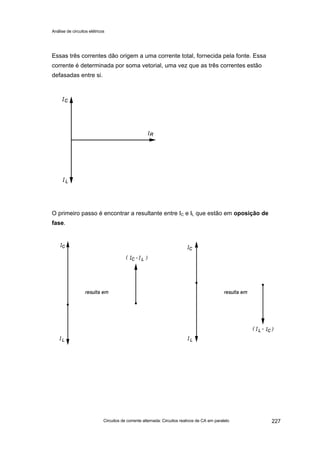 Análise de circuitos elétricos
Circuitos de corrente alternada: Circuitos reativos de CA em paralelo 227
Essas três correntes dão origem a uma corrente total, fornecida pela fonte. Essa
corrente é determinada por soma vetorial, uma vez que as três correntes estão
defasadas entre si.
O primeiro passo é encontrar a resultante entre IC e IL que estão em oposição de
fase.
 