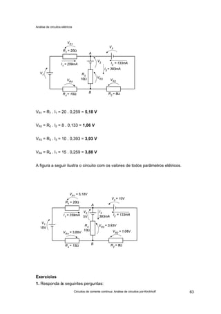 Análise de circuitos elétricos
Circuitos de corrente contínua: Análise de circuitos por Kirchhoff 63
VR1 = R1 . I1 = 20 . 0,259 = 5,18 V
VR2 = R2 . I2 = 8 . 0,133 = 1,06 V
VR3 = R3 . I3 = 10 . 0,393 = 3,93 V
VR4 = R4 . I1 = 15 . 0,259 = 3,88 V
A figura a seguir ilustra o circuito com os valores de todos parâmetros elétricos.
Exercícios
1. Responda às seguintes perguntas:
 