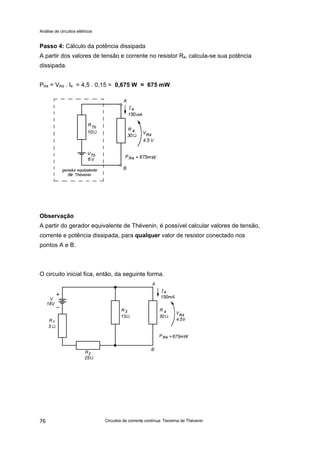 Análise de circuitos elétricos
Circuitos de corrente contínua: Teorema de Thévenin76
Passo 4: Cálculo da potência dissipada
A partir dos valores de tensão e corrente no resistor R4, calcula-se sua potência
dissipada.
PR4 = VR4 . I4 = 4,5 . 0,15 = 0,675 W = 675 mW
Observação
A partir do gerador equivalente de Thévenin, é possível calcular valores de tensão,
corrente e potência dissipada, para qualquer valor de resistor conectado nos
pontos A e B.
O circuito inicial fica, então, da seguinte forma.
 