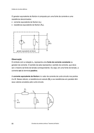 Análise de circuitos elétricos
Circuitos de corrente contínua: Teorema de Norton80
O gerador equivalente de Norton é composto por uma fonte de corrente e uma
resistência denominados:
• corrente equivalente de Norton (IN);
• resistência equivalente de Norton (RN).
Observação
O símbolo com a notação IN, representa uma fonte de corrente constante ou
gerador de corrente. O sentido da seta representa o sentido da corrente, que deve
ser o mesmo da fonte de tensão correspondente. Ou seja, em uma fonte de tensão, a
corrente sai do terminal positivo.
A corrente equivalente de Norton é o valor da corrente de curto-circuito nos pontos
A e B. Nesse cálculo, a resistência em estudo (RL) e as resistências em paralelo têm
seus valores anulados pelo curto-circuito.
 