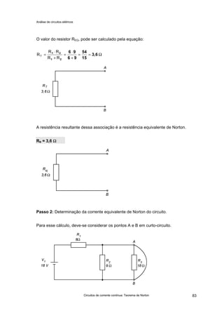 Análise de circuitos elétricos
Circuitos de corrente contínua: Teorema de Norton 83
O valor do resistor REQ, pode ser calculado pela equação:
A resistência resultante dessa associação é a resistência equivalente de Norton.
RN = 3,6 ΩΩ
Passo 2: Determinação da corrente equivalente de Norton do circuito.
Para esse cálculo, deve-se considerar os pontos A e B em curto-circuito.
Ω==
+
⋅
=
+
⋅
= 3,6
15
54
96
96
21
21
RR
RR
RT
 