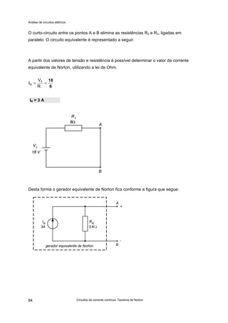 Análise de circuitos elétricos
Circuitos de corrente contínua: Teorema de Norton84
O curto-circuito entre os pontos A e B elimina as resistências R2 e R3, ligadas em
paralelo. O circuito equivalente é representado a seguir.
A partir dos valores de tensão e resistência é possível determinar o valor da corrente
equivalente de Norton, utilizando a lei de Ohm.
Desta forma o gerador equivalente de Norton fica conforme a figura que segue:
IN = 3 A
6
181
==
R
V
IN
 