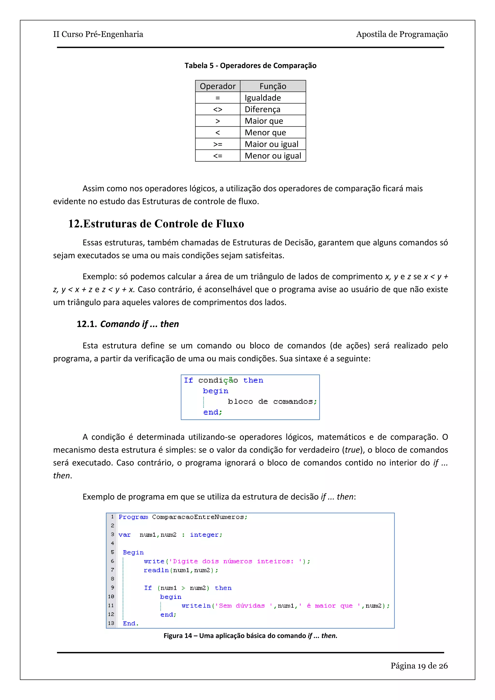 II Curso Pré-Engenharia                                                                 Apostila de Programação


                                   Tabela 5 - Operadores de Comparação

                                        Operador           Função
                                           =           Igualdade
                                           <>          Diferença
                                           >           Maior que
                                           <           Menor que
                                           >=          Maior ou igual
                                           <=          Menor ou igual


       Assim como nos operadores lógicos, a utilização dos operadores de comparação ficará mais
evidente no estudo das Estruturas de controle de fluxo.

    12.Estruturas de Controle de Fluxo
       Essas estruturas, também chamadas de Estruturas de Decisão, garantem que alguns comandos só
sejam executados se uma ou mais condições sejam satisfeitas.

         Exemplo: só podemos calcular a área de um triângulo de lados de comprimento x, y e z se x < y +
z, y < x + z e z < y + x. Caso contrário, é aconselhável que o programa avise ao usuário de que não existe
um triângulo para aqueles valores de comprimentos dos lados.

      12.1. Comando if ... then

       Esta estrutura define se um comando ou bloco de comandos (de ações) será realizado pelo
programa, a partir da verificação de uma ou mais condições. Sua sintaxe é a seguinte:




       A condição é determinada utilizando-se operadores lógicos, matemáticos e de comparação. O
mecanismo desta estrutura é simples: se o valor da condição for verdadeiro (true), o bloco de comandos
será executado. Caso contrário, o programa ignorará o bloco de comandos contido no interior do if ...
then.

       Exemplo de programa em que se utiliza da estrutura de decisão if ... then:




                             Figura 14 – Uma aplicação básica do comando if ... then.



                                                                                                Página 19 de 26
 