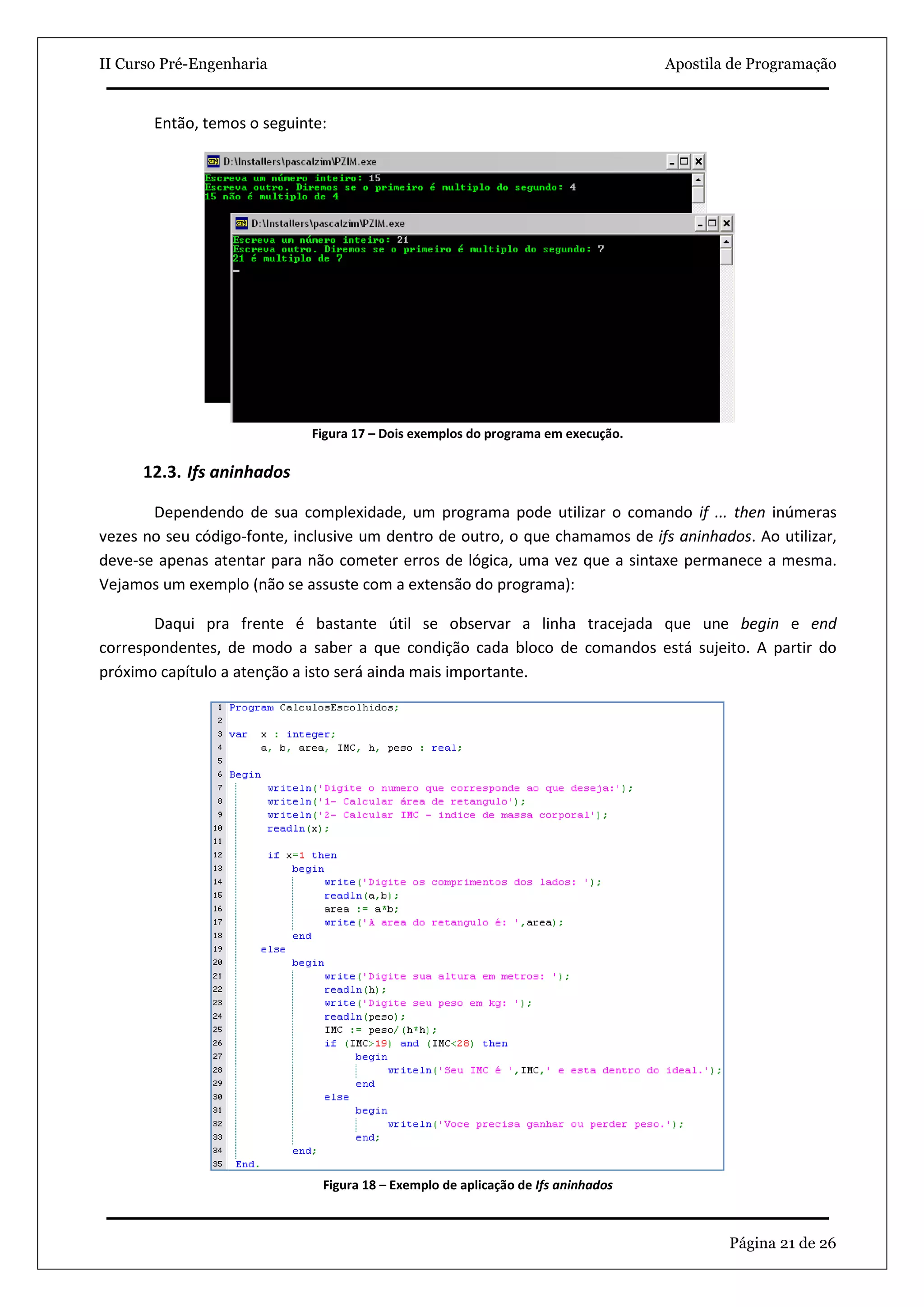 II Curso Pré-Engenharia                                                           Apostila de Programação


       Então, temos o seguinte:




                             Figura 17 – Dois exemplos do programa em execução.

      12.3. Ifs aninhados

       Dependendo de sua complexidade, um programa pode utilizar o comando if ... then inúmeras
vezes no seu código-fonte, inclusive um dentro de outro, o que chamamos de ifs aninhados. Ao utilizar,
deve-se apenas atentar para não cometer erros de lógica, uma vez que a sintaxe permanece a mesma.
Vejamos um exemplo (não se assuste com a extensão do programa):

       Daqui pra frente é bastante útil se observar a linha tracejada que une begin e end
correspondentes, de modo a saber a que condição cada bloco de comandos está sujeito. A partir do
próximo capítulo a atenção a isto será ainda mais importante.




                              Figura 18 – Exemplo de aplicação de Ifs aninhados



                                                                                          Página 21 de 26
 