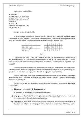 II Curso Pré-Engenharia                                                        Apostila de Programação


       Algoritmo em pseudocódigo:

ALGORITMO
DECLARE N1, N2, M NUMÉRICO
ESCREVA “Digite dois números”
LEIA N1, N2
M N1 * N2
ESCREVA “Multiplicação = ”, M
FIM_ALGORITMO.

       Exemplo do Algoritmo de Euclides

       Às vezes, quando lidamos com números grandes, torna-se difícil encontrar o máximo divisor
comum entre os dados números. O algoritmo de Euclides ajuda-nos a encontrar o máximo divisor comum
entre dois números inteiros diferentes de zero de uma forma simples e eficiente. Veja:




                                                Figura 2

        Calculando o mdc entre 1128 e 336. Divide-se 1128 por 336, escreve-se o quociente acima do
336, e o resto embaixo do 1128. Depois se repete este valor ao lado do 336, e assim por diante. Quando o
resto for zero, o mdc entre os números será o número mais à direita na linha central do algoritmo, nesse
caso o 24.

        Quando queremos escrever (criar, desenvolver) um programa para realizar uma determinada
tarefa precisamos utilizar uma linguagem que tanto o computador quanto o desenvolvedor do programa
(programador) entendam. Essa linguagem é chamada de linguagem de programação.

        Quando “traduzimos” o algoritmo para alguma linguagem de programação, estamos codificando
esse algoritmo, pois a linguagem de programação possui sintaxe e semântica definidas assim como o
nosso código, o Português.

        O código escrito pelo programador em uma determinada linguagem é denominado código-fonte
(source code).

   3. Tipos de Linguagens de Programação
       As linguagens de programação podem ser classificadas em:

   a) Linguagens de alto nível: onde as instruções se assemelham ao vocabulário humano (read, print,
      if, then, else, etc...) . Exemplo: Basic, Java, Pascal, etc.

   b) Linguagens de baixo nível: onde as instruções se assemelham mais à linguagem de máquina. A
      linguagem de máquina é a linguagem binária. Por serem dispositivos eletrônicos, apenas




                                                                                         Página 4 de 26
 