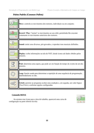 Introdução à Programação com Robôs Lego           Projeto Levando a Informática do Campus ao Campo

     Paleta Padrão (Common Pallete)



             Move: controla os movimentos dos motores, individuais ou em conjunto.



             Record / Play: "ensina" os movimentos ao seu robô, permitindo-lhe executar
             exatamente os movimentos anteriores dos motores.



             Sound: emite sons diversos, pré-gravados, e reproduz tons musicais definidos.



             Display: exibe informações na tela do NXT, desde ícones até dados obtidos pelos
             sensores.



             Wait: determina uma espera, que pode ser em função do tempo do evento de um dos
             sensores.


             Loop: função usada para determinar a repetição de uma sequência de programação,
             indefinidamente ou não.


             Switch: permite ao programa avaliar uma condição e, em seguida, um valor lógico
             (True/False), conforme opções configuradas.




   Comando MOVE

      Ao arrastar esse ícone para a área de trabalho, aparecerá uma caixa de
configuração na parte inferior da tela:




                                                 55
 