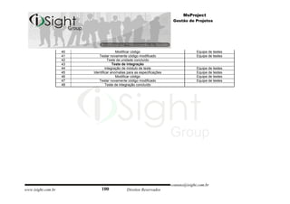 MsProject
                                                                         Gestão de Projetos




                    40                  Modificar código                              Equipe de testes
                    41      Testar novamente código modificado                        Equipe de testes
                    42             Teste da unidade concluído
                    43                Teste de integração
                    44           Integração de módulo de teste                        Equipe de testes
                    45   Identificar anomalias para as especificações                 Equipe de testes
                    46                  Modificar código                              Equipe de testes
                    47      Testar novamente código modificado                        Equipe de testes
                    48           Teste de integração concluído




                                                                        contato@isight.com.br
www.isight.com.br             100             Direitos Reservados
 
