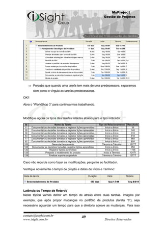 MsProject
                                                                          Gestão de Projetos




        Perceba que quando uma tarefa tem mais de uma predecessora, separamos
        com ponto e vírgula as tarefas predecessoras.

OK!!

Abra o “WorkShop 3” para continuarmos trabalhando.



Modifique agora os tipos das tarefas listadas abaixo para o tipo indicado:

 Id                         Nome da Tarefa                            Tipo de Relacionamento   Resultado
 11    Documentar as decisões tomadas e registrar lições aprendidas         Início a Início        3II
 28    Documentar as decisões tomadas e registrar lições aprendidas         Início a Início       14II
 38    Documentar as decisões tomadas e registrar lições aprendidas         Início a Início       31II
 53    Documentar as decisões tomadas e registrar lições aprendidas         Início a Início       41II
 77    Documentar as decisões tomadas e registrar lições aprendidas         Início a Início       56II
 92    Documentar as decisões tomadas e registrar lições aprendidas         Início a Início       80II
102                      Gerenciar lançamento                            Término a Término      101TT
106    Documentar as decisões tomadas, registrar lições aprendidas          Início a Início       95II
120                    Registrar lições aprendidas                          Início a Início      119II
125                Preparar o recebimento do produto                      Início a Término       124TI
128                   Finalizar suporte ao produto                       Término a Término      127TT


Caso não recorde como fazer as modificações, pergunte ao facilitador.

Verifique novamente o tempo de projeto e datas de Início e Término:




Latência ou Tempo de Retardo
Neste tópico vamos definir um tempo de atraso entre duas tarefas. Imagine por
exemplo, que após propor mudanças no portfólio de produtos (tarefa “8”), seja
necessário aguardar um tempo para que a diretoria aprove as mudanças. Para isso


contato@isight.com.br                                  49
www.isight.com.br                                                          Direitos Reservados
 