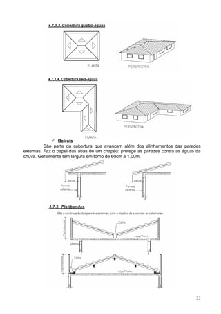 22
Beirais
São parte da cobertura que avançam além dos alinhamentos das paredes
externas. Faz o papel das abas de um chapéu: protege as paredes contra as águas da
chuva. Geralmente tem largura em torno de 60cm à 1.00m.
 