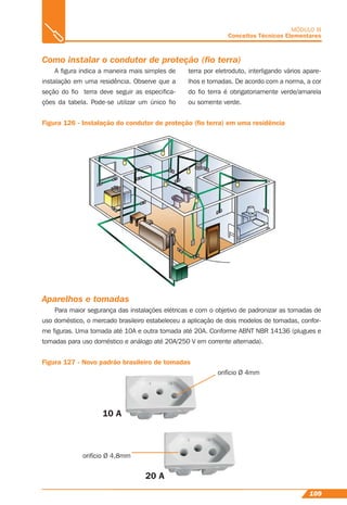 109
MÓDULO III
Conceitos Técnicos Elementares
A ﬁgura indica a maneira mais simples de
instalação em uma residência. Observe que a
seção do ﬁo terra deve seguir as especiﬁca-
ções da tabela. Pode-se utilizar um único ﬁo
Figura 126 - Instalação do condutor de proteção (ﬁo terra) em uma residência
Aparelhos e tomadas
Para maior segurança das instalações elétricas e com o objetivo de padronizar as tomadas de
uso doméstico, o mercado brasileiro estabeleceu a aplicação de dois modelos de tomadas, confor-
me ﬁguras. Uma tomada até 10A e outra tomada até 20A. Conforme ABNT NBR 14136 (plugues e
tomadas para uso doméstico e análogo até 20A/250 V em corrente alternada).
Figura 127 - Novo padrão brasileiro de tomadas
terra por eletroduto, interligando vários apare-
lhos e tomadas. De acordo com a norma, a cor
do ﬁo terra é obrigatoriamente verde/amarela
ou somente verde.
10 A
20 A
orifício Ø 4mm
orifício Ø 4,8mm
Como instalar o condutor de proteção (ﬁo terra)
 