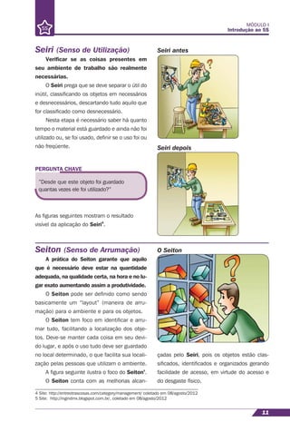 MÓDULO I
Introdução ao 5S
11
Seiri (Senso de Utilização)
Veriﬁcar se as coisas presentes em
seu ambiente de trabalho são realmente
necessárias.
O Seiri prega que se deve separar o útil do
inútil, classiﬁcando os objetos em necessários
e desnecessários, descartando tudo aquilo que
for classiﬁcado como desnecessário.
Nesta etapa é necessário saber há quanto
tempo o material está guardado e ainda não foi
utilizado ou, se foi usado, deﬁnir se o uso foi ou
não freqüente.
Seiri antes
Seiri depois
Seiton (Senso de Arrumação)
A prática do Seiton garante que aquilo
que é necessário deve estar na quantidade
adequada, na qualidade certa, na hora e no lu-
gar exato aumentando assim a produtividade.
O Seiton pode ser deﬁnido como sendo
basicamente um “layout” (maneira de arru-
mação) para o ambiente e para os objetos.
O Seiton tem foco em identiﬁcar e arru-
mar tudo, facilitando a localização dos obje-
tos. Deve-se manter cada coisa em seu devi-
do lugar, e após o uso tudo deve ser guardado
no local determinado, o que facilita sua locali-
zação pelas pessoas que utilizam o ambiente.
A ﬁgura seguinte ilustra o foco do Seiton5
.
O Seiton conta com as melhorias alcan-
O Seiton
”Desde que este objeto foi guardado
quantas vezes ele foi utilizado?”
PERGUNTA CHAVE
çadas pelo Seiri, pois os objetos estão clas-
siﬁcados, identiﬁcados e organizados gerando
facilidade de acesso, em virtude do acesso e
do desgaste físico.
As ﬁguras seguintes mostram o resultado
visível da aplicação do Seiri4
.
4 Site: http://entreotrascosas.com/category/management/ coletado em 08/agosto/2012
5 Site: http://ingindmx.blogspot.com.br/, coletado em 08/agosto/2012
 