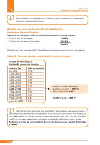 114
MÓDULO III
Conceitos Técnicos Elementares
Para o cálculo da corrente do circuito de distribuição, primeiramente, é necessário
calcular a potência deste circuito.
Fator de demanda representa uma porcentagem de quanto das potências previstas se-
rão utilizadas simultaneamente no momento de maior solicitação da instalação. Isto é feito para
não super-dimensionar os componentes dos circuitos de distribuição, tendo em vista que numa
residência nem todas as lâmpadas e pontos de tomadas são utilizadas ao mesmo tempo.
Portanto a previsão de uso simultâneo de potência da iluminação e pontos de tomadas
é 2650W
Cálculo da potência do circuito de distribuição
Iluminação e Pontos de Tomadas:
Somam-se os valores das potências ativas de iluminação e pontos de tomadas
• Potência ativa de iluminação: 1080 W
• Potência ativa de pontos de tomadas: 5520 W
6600 W
Multiplica-se o valor calculado (6600 W) pelo fator de demanda correspondente a esta potência.
Tabela 17 - Fatores de demanda para iluminação e pontos de tomadas
Fatores de demanda para
iluminação e pontos de tomadas
potência (W)
0 a 1000
1001 a 2000
2001 a 3000
3001 a 4000
4001 a 5000
5001 a 6000
6001 a 7000
7001 a 8000
8001 a 9000
9001 a 10000
Acima de 10000
fator de demanda
0,86
0,75
0,66
0,59
0,52
0,45
0,4
0,35
0,31
0,27
0,24
Potência ativa de iluminação e
pontos de tomadas = 6600 W
Fator de demanda: 0,40
6600W x 0,40 = 2650 W
 