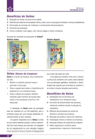 MÓDULO I
Introdução ao 5S
12
Benefícios do Seiton
1 - Redução de tempo na procura do objeto;
2 - Melhoria dos sistemas de transporte interno, assim como a execução do trabalho no tempo estabelecido.
3 - Eliminação de compras de materiais e componentes desnecessários;
4 - Aumento da produção;
5 - Torna o trabalho mais lógico, com menos fadiga e melhor ambiente.
Exemplo de resultado de aplicação do Seiton6
Seiton antes Seiton depois
Seiso (Senso de Limpeza)
Seiso é o senso da limpeza, seus mandamen-
tos são:
• Manter o ambiente sempre limpo e
aprender a não sujar;
• Toda a equipe deve saber a importância de
trabalhar em um ambiente limpo.
• Antes e depois de qualquer trabalho
realizado,cada membro da equipe deve
retirar o lixo resultante e dar-lhe o ﬁm
adequado.
A realização do Seiso pode ser planejada
para ser realizada em um dia especíﬁco, pois o
ambiente passa por uma limpeza detalhada en-
volvendo todos os seus usuários.
Um ganho inesperado com o Seiso é o fato
de que certos detalhes passam a serem observa-
dos com mais clareza, por exemplo, um desgaste
de um equipamento ou uma situação insegura
que antes não podia ser vista.
Uma ação que contribui muito com o seiso é
a pintura do ambiente com cores claras fazendo
uma combinação agradável, facilitando a identi-
ﬁcação das sujeiras que incomoda os usuários e
os motiva a buscar soluções para evitá-la.
Benefícios do Seiso
1 - Satisfação dos funcionários por
trabalharem num ambiente limpo;
2 - Aumento da produtividade das pessoas,
máquinas matérias devido à redução de
retrabalho;
3 - Melhora dos processos de venda do
produto e serviços da empresa;
4 - Redução de perdas e danos de materiais;
5 - Valorização interna e externa da empresa;
6 - Redução drástica de acidentes de trabalho.
7 - Maior segurança e controle sobre
equipamentos, máquinas e ferramentas;
6 Site: http://ts2.mm.bing.net, Coletado em 08/agosto/2012
 