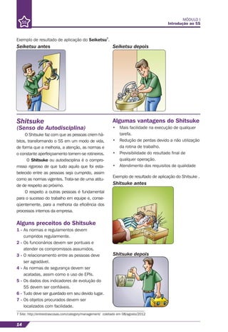 Exemplo de resultado de aplicação do Seiketsu7
.
Exemplo de resultado de aplicação do Shitsuke .
MÓDULO I
Introdução ao 5S
14
Seiketsu antes
Shitsuke antes
Seiketsu depois
Shitsuke depois
Shitsuke
(Senso de Autodisciplina)
O Shitsuke faz com que as pessoas criem há-
bitos, transformando o 5S em um modo de vida,
de forma que a melhoria, a atenção, as normas e
o constante aperfeiçoamento tornem-se rotineiros.
O Shitsuke ou autodisciplina é o compro-
misso rigoroso de que tudo aquilo que foi esta-
belecido entre as pessoas seja cumprido, assim
como as normas vigentes. Trata-se de uma atitu-
de de respeito ao próximo.
O respeito a outras pessoas é fundamental
para o sucesso do trabalho em equipe e, conse-
qüentemente, para a melhoria da eﬁciência dos
processos internos da empresa.
Alguns preceitos do Shitsuke
1 - As normas e regulamentos devem
cumpridos regularmente.
2 - Os funcionários devem ser pontuais e
atender os compromissos assumidos.
3 - O relacionamento entre as pessoas deve
ser agradável.
4 - As normas de segurança devem ser
acatadas, assim como o uso de EPIs.
5 - Os dados dos indicadores de evolução do
5S devem ser conﬁáveis.
6 - Tudo deve ser guardado em seu devido lugar.
7 - Os objetos procurados devem ser
localizados com facilidade.
Algumas vantagens do Shitsuke
• Mais facilidade na execução de qualquer
tarefa.
• Redução de perdas devido a não utilização
da rotina de trabalho.
• Previsibilidade do resultado ﬁnal de
qualquer operação.
• Atendimento dos requisitos de qualidade
7 Site: http://entreotrascosas.com/category/management/ coletado em 08/agosto/2012
 