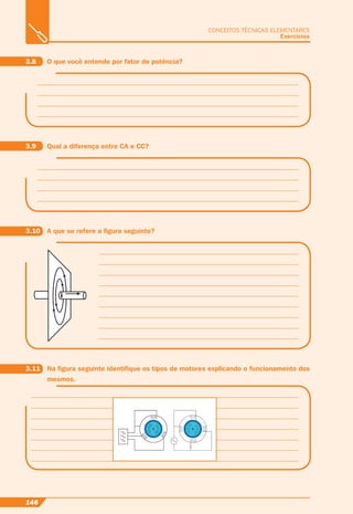 146
CONCEITOS TÉCNICAS ELEMENTARES
Exercícios
3.8 O que você entende por fator de potência?
3.9 Qual a diferença entre CA e CC?
3.10 A que se refere a ﬁgura seguinte?
3.11 Na ﬁgura seguinte identiﬁque os tipos de motores explicando o funcionamento dos
mesmos.
 