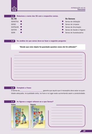 INTRODUÇÃO AO 5S
Exercícios
15
Os 5S
SEIKETSU
SEISO
SHITSUKE
SEITON
SEIRI
Os Sensos
Senso de Utilização
Senso de Limpeza
Senso de Arrumação
Senso de Saúde e Higiene
Senso de Autodisciplina
”Desde que este objeto foi guardado quantas vezes ele foi utilizado?”
Antes Depois
1.1 Relacione o nome dos 5S com o respectivo senso.
1.2 Na análise de que senso deve-se fazer a seguinte pergunta:
1.3 Complete a frase:
O Senso do__________________________ garante que aquilo que é necessário deve estar na quan-
tidade adequada, na qualidade certa, na hora e no lugar exato aumentando assim a produtividade.
1.4 As ﬁguras a seguir referem-se a que Senso?
 