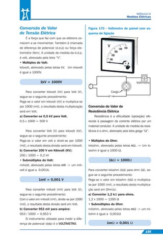 N
F
Voltimetro
Carga
V
155
MÓDULO IV
Medidas Elétricas
Conversão de Valor
de Tensão Elétrica
É a força que faz com que os elétrons co-
mecem a se movimentar. Também é chamada
de diferença de potencial (d.d.p) ou força ele-
tromotriz (fem). A unidade de medida da d.d.p.
é volt, abreviado pela letra “V”.
• Múltiplos do Volt:
kilovolt, abreviado pelas letras kV. Um kilovolt
é igual a 1000V.
1kV = 1000V
Para converter kilovolt (kV) para Volt (V),
segue-se o seguinte procedimento:
Pega-se o valor em kilovolt (kV) e multiplica-se
por 1000 (mil), o resultado desta multiplicação
será em Volt.
a) Converter-se 0,5 kV para Volt.
0,5 x 1000 = 500 V
Para converter Volt (V) para kilovolt (kV),
segue-se o seguinte procedimento:
Pega-se o valor em volt e dividi-se por 1000
(mil), o resultado desta divisão será em kilovolt.
b) Converter 200 V em Kilovolt (KV):
200 / 1000 = 0,2 kV
• Submúltiplos do Volt:
milivolt, abreviado pelas letras mV -> um mili-
volt é igual a 0,001A.
1mV = 0,001 V
Para converter milivolt (mV) para Volt (V),
segue-se o seguinte procedimento:
Com o valor em milivolt (mV), divide-se por 1000
(mil), o resultado desta divisão será em Volt.
b) Converter 953 mV para ampère:
953 / 1000 = 0,953 V
O instrumento utilizado para medir a dife-
rença de potencial (ddp) é o VOLTÍMETRO.
Figura 170 - Voltímetro de painel com es-
quema de ligação
Conversão de Valor de
Resistência Elétrica
Resistência é a diﬁculdade (oposição) ofe-
recida à passagem da corrente elétrica por um
material condutor. A unidade de medida da resis-
tência é o ohm, abreviado pela letra grega “Ω”.
• Múltiplos do Ohm:
kiloohm, abreviado pelas letras kΩ. -> Um ki-
loohm é igual a 1000 Ω.
1kΩ = 1000Ω
Para converter kiloohm (kΩ) para ohm (Ω), se-
gue-se o seguinte procedimento:
Pega-se o valor em kiloohm (kΩ) e multiplica-
se por 1000 (mil), o resultado desta multiplica-
ção será em Ohm(s).
a) Converter 1,2 kΩ para ohms.
1,2 x 1000 = 1200 Ω
• Submúltiplos do Ohm:
miliohm, abreviado pelas letras mΩ -> um mi-
liohm é igual a 0,001Ω
1mΩ = 0,001 Ω
 
