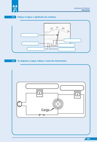 163
MEDIDAS ELÉTRICAS
Exercícios
N
F
Carga
4.4 Indique na ﬁgura o signiﬁcado dos símbolos.
4.5 No diagrama a seguir, indique o nome dos instrumentos.
 