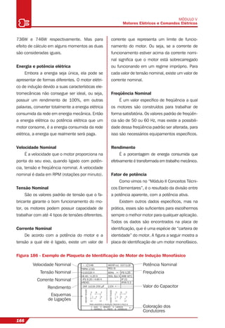 Velocidade Nominal Potência Nominal
Valor do Capacitor
Coloração dos
Condutores
FrequênciaTensão Nominal
Corrente Nominal
Rendimento
Esquemas
de Ligações
C48~ 1
RPM 1720
110/220 V
8.40 / 4.20 A
kW(HP-cv)
REG SI
FS 1.2560Hz
ISOL AMB 40°CB t K
IP 21
IP/IN 5.3
037(1/2)
IFS 9.20 / 4.60 A
REND.
110VDAP. 1x216-259
MENORTENSÃO
5
PARA INVERTER A ROTAÇÃO TROCAR 5 PELO 8
1 - AZUL 2 - BRANCO 3 - LARANJA
4 - AMARELO 5 - PRETO 8 - VERMELHO
8 2
4
L2L1
1 3
MAIORTENSÃO
5 8 2
4
L2L1
1 3
166
MÓDULO V
Motores Elétricos e Comandos Elétricos
736W e 746W respectivamente. Mas para
efeito de cálculo em alguns momentos as duas
são consideradas iguais.
Energia e potência elétrica
Embora a energia seja única, ela pode se
apresentar de formas diferentes. O motor elétri-
co de indução devido a suas características ele-
tromecânicas não consegue ser ideal, ou seja,
possuir um rendimento de 100%, em outras
palavras, converter totalmente a energia elétrica
consumida da rede em energia mecânica. Então
a energia elétrica ou potência elétrica que um
motor consome, é a energia consumida da rede
elétrica, a energia que realmente será paga.
Velocidade Nominal
É a velocidade que o motor proporciona na
ponta do seu eixo, quando ligado com potên-
cia, tensão e freqüência nominal. A velocidade
nominal é dada em RPM (rotações por minuto).
Tensão Nominal
São os valores padrão de tensão que o fa-
bricante garante o bom funcionamento do mo-
tor, os motores podem possuir capacidade de
trabalhar com até 4 tipos de tensões diferentes.
Corrente Nominal
De acordo com a potência do motor e a
tensão a qual ele é ligado, existe um valor de
corrente que representa um limite de funcio-
namento do motor. Ou seja, se a corrente de
funcionamento estiver acima da corrente nomi-
nal signiﬁca que o motor está sobrecarregado
ou funcionando em um regime impróprio. Para
cada valor de tensão nominal, existe um valor de
corrente nominal.
Freqüência Nominal
É um valor especíﬁco de freqüência a qual
os motores são construídos para trabalhar de
forma satisfatória. Os valores padrão de freqüên-
cia são de 50 ou 60 Hz, mas existe a possibili-
dade dessa freqüência padrão ser alterada, para
isso são necessários equipamentos especíﬁcos.
Rendimento
É a porcentagem de energia consumida que
efetivamente é transformada em trabalho mecânico.
Fator de potência
Como vimos no “Módulo II Conceitos Técni-
cos Elementares”, é o resultado da divisão entre
a potência aparente, com a potência ativa.
Existem outros dados especíﬁcos, mas na
prática, esses são suﬁcientes para escolhermos
sempre o melhor motor para qualquer aplicação.
Todos os dados são encontrados na placa de
identiﬁcação, que é uma espécie de “carteira de
identidade” do motor. A ﬁgura a seguir mostra a
placa de identiﬁcação de um motor monofásico.
Figura 186 - Exemplo de Plaqueta de Identiﬁcação de Motor de Indução Monofásico
 