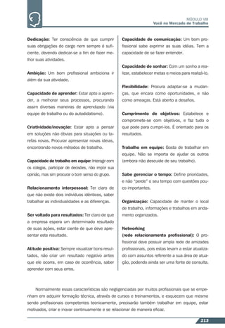 213
MÓDULO VIII
Você no Mercado de Trabalho
Dedicação: Ter consciência de que cumprir
suas obrigações do cargo nem sempre é suﬁ-
ciente, devendo dedicar-se a ﬁm de fazer me-
lhor suas atividades.
Ambição: Um bom proﬁssional ambiciona ir
além da sua atividade.
Capacidade de aprender: Estar apto a apren-
der, a melhorar seus processos, procurando
assim diversas maneiras de aprendizado (via
equipe de trabalho ou do autodidatismo).
Criatividade/inovação: Estar apto a pensar
em soluções não óbvias para situações ou ta-
refas novas. Procurar apresentar novas ideias,
encontrando novos métodos de trabalho.
Capacidade de trabalho em equipe: Interagir com
os colegas, participar de decisões, não impor sua
opinião, mas sim procurar o bom senso do grupo.
Relacionamento interpessoal: Ter claro de
que não existe dois indivíduos idênticos, saber
trabalhar as individualidades e as diferenças.
Ser voltado para resultados: Ter claro de que
a empresa espera um determinado resultado
de suas ações, estar ciente de que deve apre-
sentar este resultado.
Atitude positiva: Sempre visualizar bons resul-
tados, não criar um resultado negativo antes
que ele ocorra, em caso de ocorrência, saber
aprender com seus erros.
Capacidade de comunicação: Um bom pro-
ﬁssional sabe exprimir as suas idéias. Tem a
capacidade de se fazer entender.
Capacidade de sonhar: Com um sonho a rea-
lizar, estabelecer metas e meios para realizá-lo.
Flexibilidade: Procura adaptar-se a mudan-
ças, que encara como oportunidades, e não
como ameaças. Está aberto a desaﬁos.
Cumprimento de objetivos: Estabelece e
compromete-se com objetivos, e faz tudo o
que pode para cumpri-los. É orientado para os
resultados.
Trabalho em equipe: Gosta de trabalhar em
equipe. Não se importa de ajudar os outros
(embora não descuide de seu trabalho).
Sabe gerenciar o tempo: Deﬁne prioridades,
e não “perde” o seu tempo com questões pou-
co importantes.
Organização: Capacidade de manter o local
de trabalho, informações e trabalhos em anda-
mento organizados.
Networking
(rede relacionamento proﬁssional): O pro-
ﬁssional deve possuir ampla rede de amizades
proﬁssionais, pois estas levam a estar atualiza-
do com assuntos referente a sua área de atua-
ção, podendo ainda ser uma fonte de consulta.
Normalmente essas características são negligenciadas por muitos proﬁssionais que se empe-
nham em adquirir formação técnica, através de cursos e treinamentos, e esquecem que mesmo
sendo proﬁssionais competentes tecnicamente, precisarão também trabalhar em equipe, estar
motivados, criar e inovar continuamente e se relacionar de maneira eﬁcaz.
 