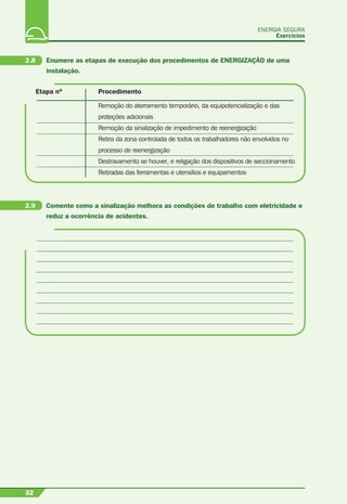 ENERGIA SEGURA
Exercícios
Etapa nº Procedimento
Remoção do aterramento temporário, da equipotencialização e das
proteções adicionais
Remoção da sinalização de impedimento de reenergização
Retira da zona controlada de todos os trabalhadores não envolvidos no
processo de reenergização
Destravamento se houver, e religação dos dispositivos de seccionamento
Retiradas das ferramentas e utensílios e equipamentos
32
2.9 Comente como a sinalização melhora as condições de trabalho com eletricidade e
reduz a ocorrência de acidentes.
2.8 Enumere as etapas de execução dos procedimentos de ENERGIZAÇÃO de uma
instalação.
 