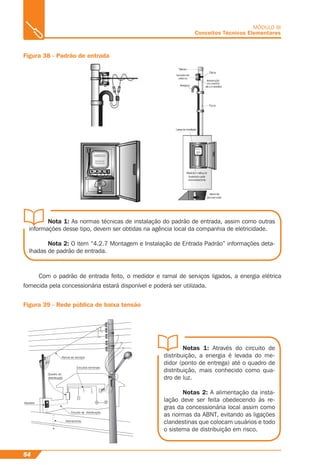 Aterramento
Circuito de distribuição
Quadro de
distribuição
Circuitos terminais
Ramal de serviços
Medidor
Figura 38 - Padrão de entrada
Com o padrão de entrada feito, o medidor e ramal de serviços ligados, a energia elétrica
fornecida pela concessionária estará disponível e poderá ser utilizada.
Figura 39 - Rede pública de baixa tensão
54
MÓDULO III
Conceitos Técnicos Elementares
Nota 1: As normas técnicas de instalação do padrão de entrada, assim como outras
informações desse tipo, devem ser obtidas na agência local da companhia de eletricidade.
Nota 2: O item “4.2.7 Montagem e Instalação de Entrada Padrão” informações deta-
lhadas de padrão de entrada.
Notas 1: Através do circuito de
distribuição, a energia é levada do me-
didor (ponto de entrega) até o quadro de
distribuição, mais conhecido como qua-
dro de luz.
Notas 2: A alimentação da insta-
lação deve ser feita obedecendo às re-
gras da concessionária local assim como
as normas da ABNT, evitando as ligações
clandestinas que colocam usuários e todo
o sistema de distribuição em risco.
 