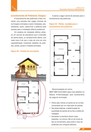 57
MÓDULO III
Conceitos Técnicos Elementares
Levantamento de Potências (Cargas)
O levantamento das potências é feito me-
diante uma previsão das cargas mínimas de
iluminação e tomadas a serem instaladas, pos-
sibilitando, assim, determinar a potência total
prevista para a instalação elétrica residencial.
Em projetos de instalação elétrica utiliza-
se um recurso da arquitetura que é chamado
de planta baixa, ou simplesmente planta, que
nada mais é do que a vista de cima de uma
casa/ediﬁcação mostrando detalhes de pare-
des, portas, janela e medidas principais.
Figura 43 - Criação de uma planta
A. SERVIÇO
COZINHA
DORMITÓRIO 2
BANHEIRO
3,253,15
3,40
3,40
1,75
3,753,25
3,40 3,05
3,10
1,80
2,30
3,05
3,05
SALA
COPA
Linha de
corte
Linha de
corte
JanelasJanelas Porta
A planta a seguir servirá de exemplo para o
levantamento das potências.
Figura 44 - Planta exemplo para o
levantamento das potências
A. SERVIÇO
COZINHA
DORMITÓRIOS 2
BANHEIRO
DORMITÓRIO 1
3,253,15
3,40
3,40
1,75
3,753,25
3,40 3,05
3,10
1,80
2,30
3,05
3,05
SALA
COPA
Recomendações da norma
ABNT NBR 5410:2004 (para mais detalhes no
Módulo VI-Normalização) para levantamento
da carga de iluminação
• Prever pelo menos um ponto de luz no teto,
comandado por um interruptor de parede;
• Nas áreas externas, a determinação da
quantidade de pontos de luz ﬁca a critério do
instalador;
• Arandelas no banheiro devem estar
distantes, no mínimo, 60 cm do limite do
box ou da banheira, para evitar o risco de
acidentes com choques elétricos.
 