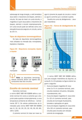 69
MÓDULO III
Conceitos Técnicos Elementares
sobrecarga de longa duração, o relé bimetálico
atua sobre o mecanismo de disparo, abrindo o
circuito. No caso de haver um curto-circuito, o
magnético é quem atua sobre o mecanismo de
disparo, abrindo o circuito instantaneamente.
Um curto-circuito pode ser deﬁnido como uma
elevação brusca da carga de um circuito, acima
de 10 x In.
Tipos de disjuntores termomagnéticos
Os tipos de disjuntores termomagnéticos
mais utilizados no mercado são: monopolares,
bipolares e tripolares.
Figura 50 - Disjuntores monopolar, bipolar
e tripolar
1P
monopolar
2P
bipolar
3P
tripolar
Nota: os disjuntores termomag-
néticos somente devem ser ligados aos
condutores fase dos circuitos.
Escolha da corrente nominal
Correntes nominais:
a norma ABNT NBR NM 60898 deﬁne a cor-
rente nominal (In) como a corrente que o dis-
juntor pode suportar ininterruptamente, a uma
temperatura ambiente de referência – normal-
mente 30º C. Os valores preferenciais de In
indicados pela norma ABNT NBR NM 60898
são: 6, 10, 16, 20, 25, 32, 40, 50, 63, 80,
100 e 125A.
A corrente nominal (In) deve ser maior ou
igual à corrente de projeto do circuito e menor
ou igual à corrente que o condutor suporta.
Escolha da curva de desligamento – atua-
ção instantânea
Figura 51 - Curva de desligamento do
disjuntor
B C D
1
10
10
1
1
0,1
0,01 2 30
I In/3 5 10 20
Minutos
Tempodedisparo
Segundos
A norma ABNT NBR NM 60898 deﬁne,
que para atuação instantânea do disjuntor, as
curvas B, C e D ilustradas na ﬁgura anterior se-
guem o seguinte:
• Curva de disparo magnético B: atua
entre 3 e 5 x In (corrente nominal), para
circuitos resistivos (chuveiros, lâmpadas
incandescentes, etc).
• Curva de disparo magnético C: atua entre
5 e 10 x In (corrente nominal), para
circuitos de iluminação ﬂuorescente,
tomadas e aplicações em geral.
• Curva de disparo magnético D: atua entre
10 e 20 x In (corrente nominal), para
circuitos para circuitos com elevada
corrente de energização.
 