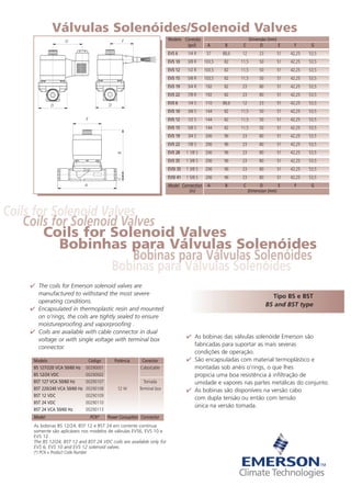 Válvulas Solenóides/Solenoid Valves
Modelo Conexão Dimensão (mm)
(pol) A B C D E F G
EVS 6 1/4 R 57 88,6 12 23 51 42,25 53,5
EVS 10 3/8 R 103,5 82 11,5 50 51 42,25 53,5
EVS 12 1/2 R 103,5 82 11,5 50 51 42,25 53,5
EVS 15 5/8 R 103,5 82 11,5 50 51 42,25 53,5
EVS 19 3/4 R 192 82 23 80 51 42,25 53,5
EVS 22 7/8 R 192 82 23 80 51 42,25 53,5
EVS 6 1/4 S 110 88,6 12 23 51 42,25 53,5
EVS 10 3/8 S 144 82 11,5 50 51 42,25 53,5
EVS 12 1/2 S 144 82 11,5 50 51 42,25 53,5
EVS 15 5/8 S 144 82 11,5 50 51 42,25 53,5
EVS 19 3/4 S 206 96 23 80 51 42,25 53,5
EVS 22 7/8 S 206 96 23 80 51 42,25 53,5
EVS 28 1 1/8 S 206 96 23 80 51 42,25 53,5
EVS 35 1 3/8 S 206 96 23 80 51 42,25 53,5
EVSI 35 1 3/8 S 206 96 23 80 51 42,25 53,5
EVSI 41 1 5/8 S 206 96 23 80 51 42,25 53,5
Model Connection A B C D E F G
(in) Dimension (mm)
F
E BC
D
A
G
D
Modelo Código Potência Conector
BS 127/220 VCA 50/60 Hz 00290001 Cabo/cable
BS 12/24 VDC 00290002
BST 127 VCA 50/60 Hz 00290107 Tomada
BST 220/240 VCA 50/60 Hz 00290108 12 W Terminal box
BST 12 VDC 00290109
BST 24 VDC 00290110
BST 24 VCA 50/60 Hz 00290113
Model PCN* Power Consuption Connector
As bobinas BS 12/24, BST 12 e BST 24 em corrente continua
somente são aplicáveis nos modelos de válvulas EVS6, EVS 10 e
EVS 12.
The BS 12/24, BST 12 and BST 24 VDC coils are available only for
EVS 6, EVS 10 and EVS 12 solenoid valves.
(*) PCN = Product Code Number
 The coils for Emerson solenoid valves are
manufactured to withstand the most severe
operating conditions.
 Encapsulated in thermoplastic resin and mounted
on o'rings, the coils are tightly sealed to ensure
moistureproofing and vaporproofing .
 Coils are available with cable connector in dual
voltage or with single voltage with terminal box
connector.
 As bobinas das válvulas solenóide Emerson são
fabricadas para suportar as mais severas
condições de operação.
 São encapsuladas com material termoplástico e
montadas sob anéis o'rings, o que lhes
propicia uma boa resistência à infiltração de
umidade e vapores nas partes metálicas do conjunto.
 As bobinas são disponíveis na versão cabo
com dupla tensão ou então com tensão
única na versão tomada.
Bobinas para Válvulas Solenóides
Coils for Solenoid Valves
Coils for Solenoid Valves
Tipo BS e BST
BS and BST type
Bobinas para Válvulas Solenóides
Coils for Solenoid Valves
Bobinhas para Válvulas Solenóides
 