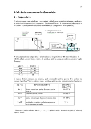 4- Seleção dos componentes das câmaras frias
4.1- Evaporadores
O primeiro passo para seleção do evaporador é estabelecer a umidade relativa para a câmara.
A umidade relativa dentro da câmara será função da diferença de temperatura (∆T) entre o ar
da câmara e o refrigerante que circula no evaporador (temperatura de evaporação).
A umidade relativa é função do ∆T estabelecido no evaporador: O ∆T mais utilizado é de
6o
C. Na tabela a seguir temos valores de umidade relativa para evaporadores com convecção
forçada.
∆T [o
C] UR [%]
3 - 4 90 - 95
5 - 6 85 - 95
6 - 9 80 - 85
9 -12 75
É preciso definir primeiro, no entanto, qual a umidade relativa que se deve utilizar na
câmara frigorífica.Valores práticos para a umidade relativa estão indicados na tabela abaixo:
∆T [o
C] TIPO DE PRODUTO UMIDADE
RELATIVA
4 a 5 Ovos, manteiga, queijo, legumes, peixe
fresco
90 - 95 %
5 a 6 carnes cortadas, frutas 85 - 95 %
6 a 9 carne em carcaça, frutas com casca dura 80 - 85 %
9 a 12 enlatados, produtos embalados que tem
coberturas de proteção
75 %
Lembre-se: Quanto maior o ∆T (Tinterna – Tevaporação) maior será a desumidificação ⇒ umidade
relativa menor.
29
 