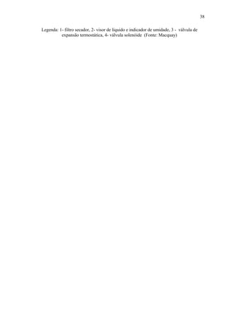 Legenda: 1- filtro secador, 2- visor de líquido e indicador de umidade, 3 - válvula de
expansão termostática, 4- válvula solenóide (Fonte: Macquay)
38
 