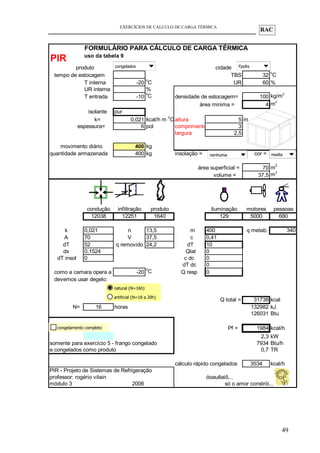 RAC
EXERCÍCIOS DE CÁLCULO DE CARGA TÉRMICA
FORMULÁRIO PARA CÁLCULO DE CARGA TÉRMICA
PIR uso da tabela 9
produto 4 cidade 1
tempo de estocagem TBS 32
o
C
T interna -20
o
C UR 60 %
UR interna %
T entrada -10
o
C densidade de estocagem= 100 kg/m
2
área minima = 4 m
2
isolante pur
k= 0,021 kcal/h m
o
C altura 5 m
espessura= 6 pol comprimento 3
largura 2,5
movimento diário 400 kg
quantidade armazenada 400 kg insolação = 5 cor = 2
área superficial = 70 m
2
volume = 37,5 m
3
condução infiltração produto iluminação motores pessoas
12038 12251 1640 129 5000 680
k 0,021 n 13,5 m 400 q metab. 340
A 70 V 37,5 c 0,41
dT 52 q removido 24,2 dT 10
dx 0,1524 Qlat 0
dT insol 0 c dc 0
dT dc 0
como a camara opera a -20
o
C Q resp 0
devemos usar degelo:
2
1
Q total = 31738 kcal
N= 16 horas 132982 kJ
126031 Btu
FALSO Pf = 1984 kcal/h
2,3 kW
somente para exercício 5 - frango congelado 7934 Btu/h
e congelados como produto 0,7 TR
cálculo rápido congelados 3534 kcal/h
PIR - Projeto de Sistemas de Refrigeração
professor: rogério vilain óoauêaiô...
módulo 3 2006 só o amor constrói...
Fpoliscongelados
nenhuma media
natural (N=16h)
artificial (N=18 a 20h)
congelamento completo
49
 